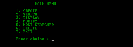 Original address-book terminal menu showing create, search, display, modify, most searched, delete and exit options.