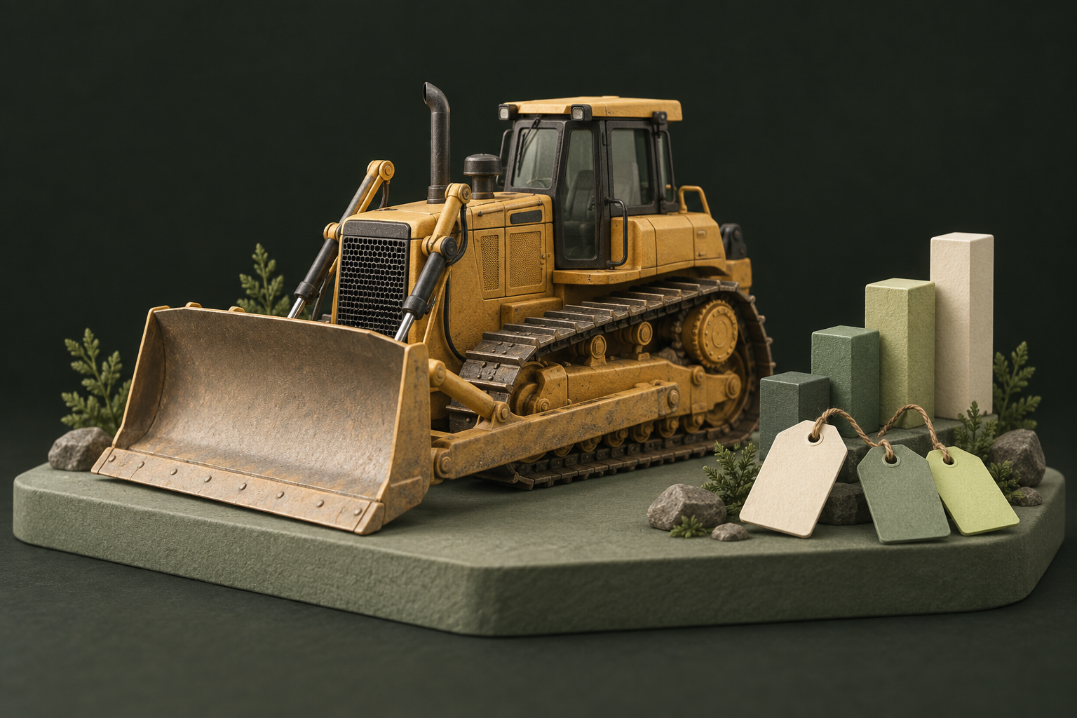 Concept illustration of a miniature bulldozer with auction tags and feature blocks.