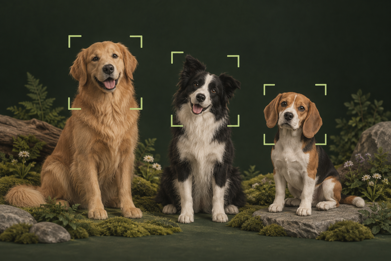 Concept illustration of three different dog breeds framed by computer-vision corner brackets.