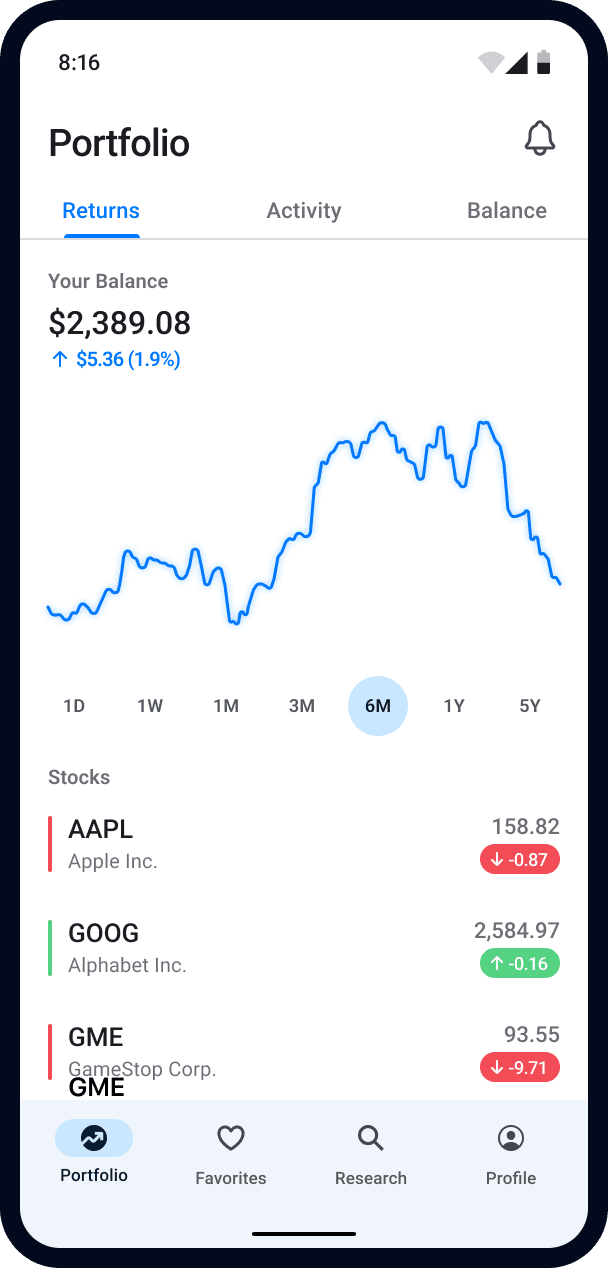 Official Ionic Android interface example with blue tabs and a sample finance dashboard.