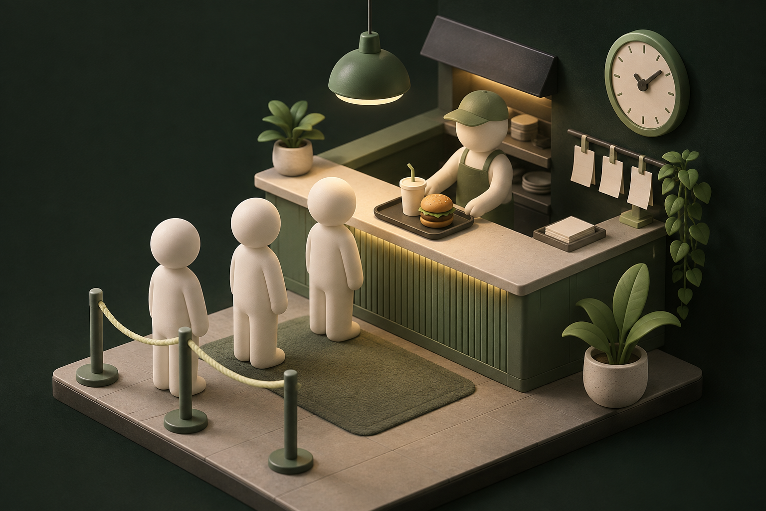 Concept illustration of a restaurant counter, a short customer queue, an unnumbered clock and order tickets.