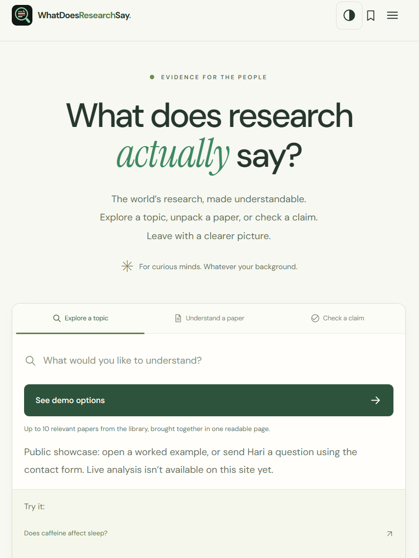 The actual WhatDoesResearchSay homepage, with options to explore a topic, understand a paper and check a claim